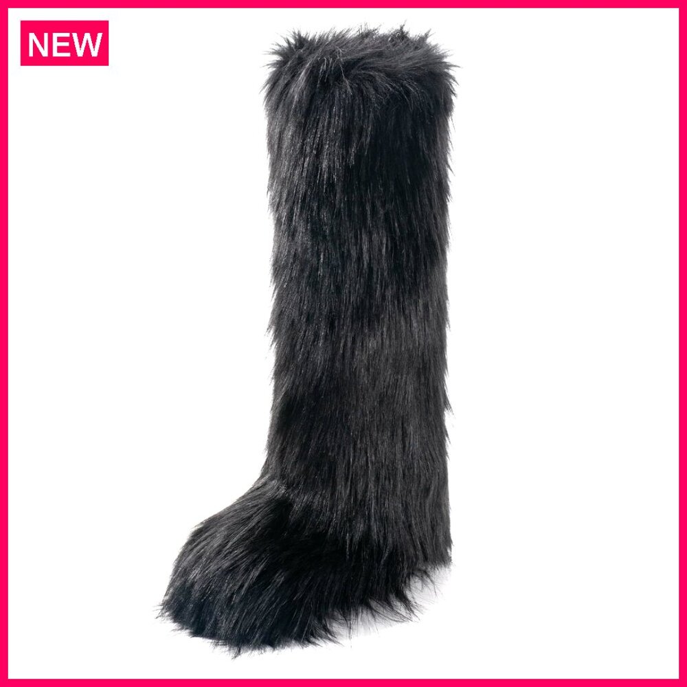 Faux Fur Knee-High Boots, Suede Round Toe, Warm Plush Lining, Indoor Outdoor